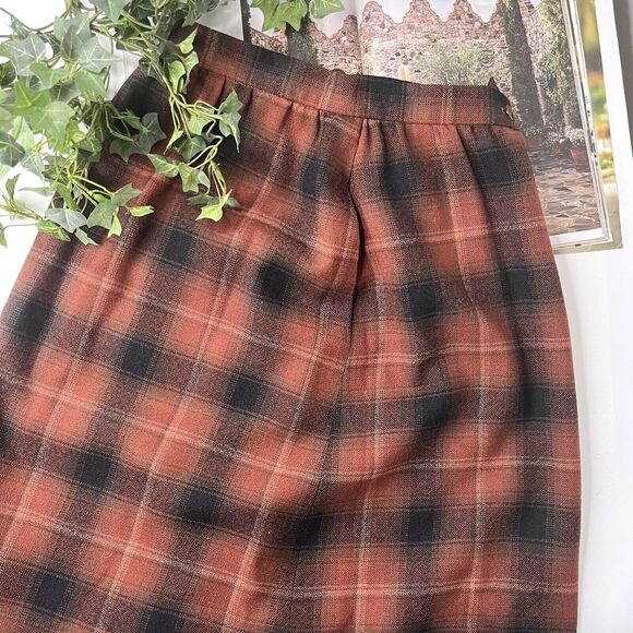 Allen Bernard Ltd Vintage Browns Autumnal Wool Plaid Midi Skirt size 8 - Picture 1 of 6